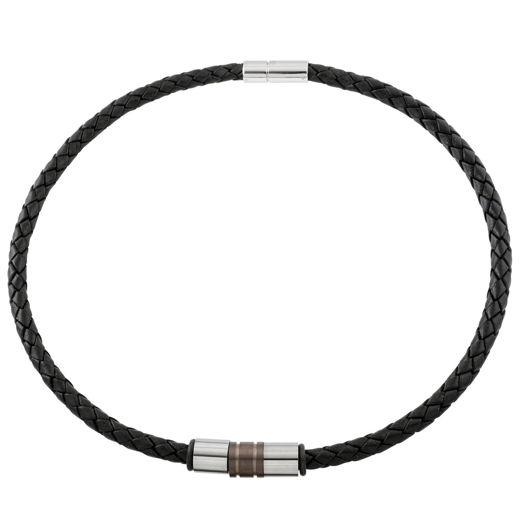 Woven Black Leather Necklace with Titanium Bead Trio