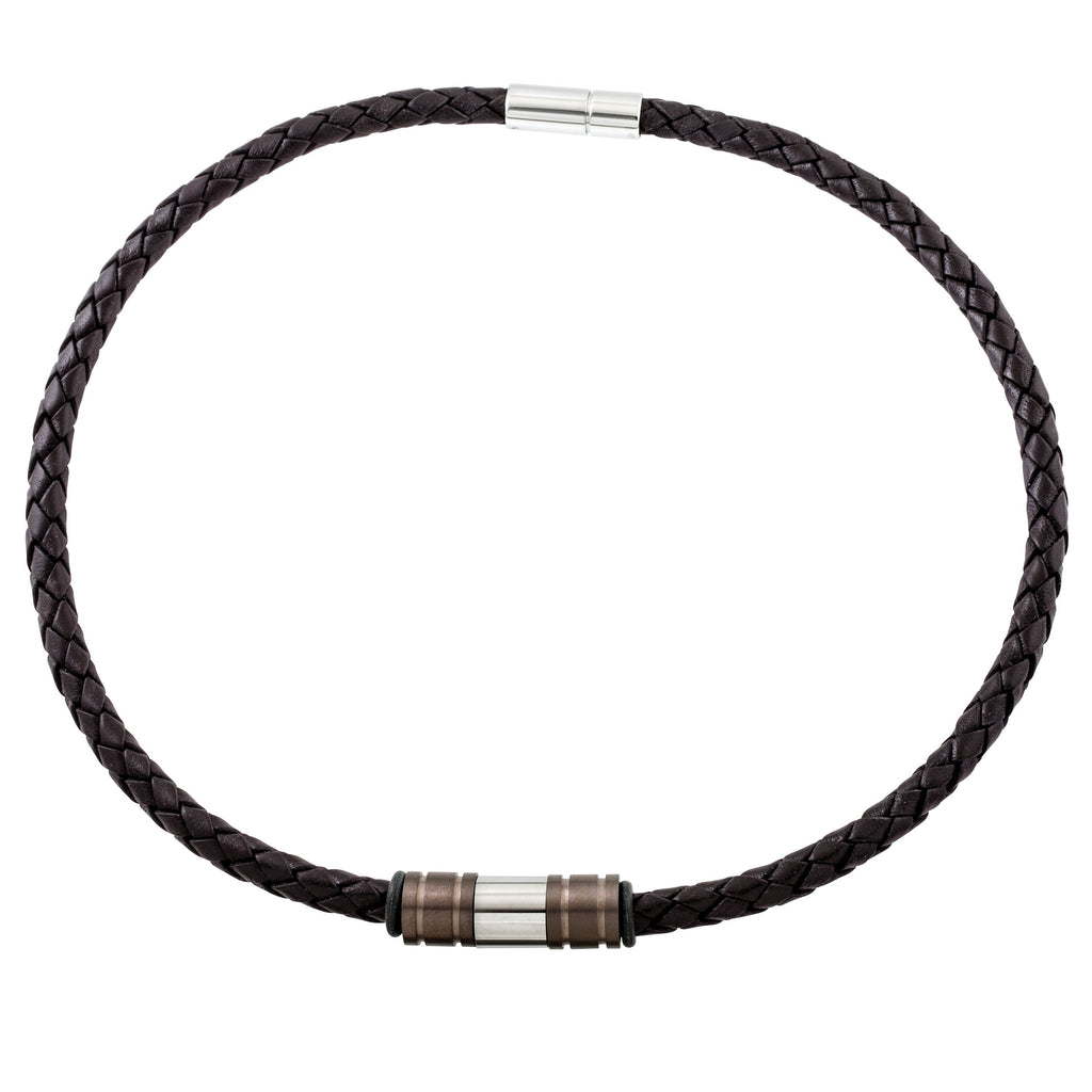 Woven Brown Leather Necklace with Triple Titanium Beads