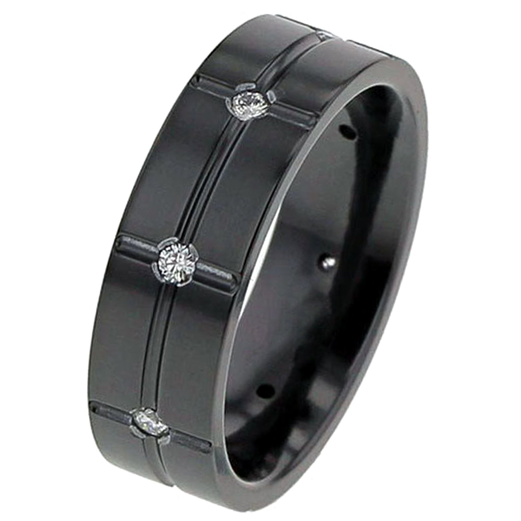 Flat Profile Diamond Set Black Zirconium Ring