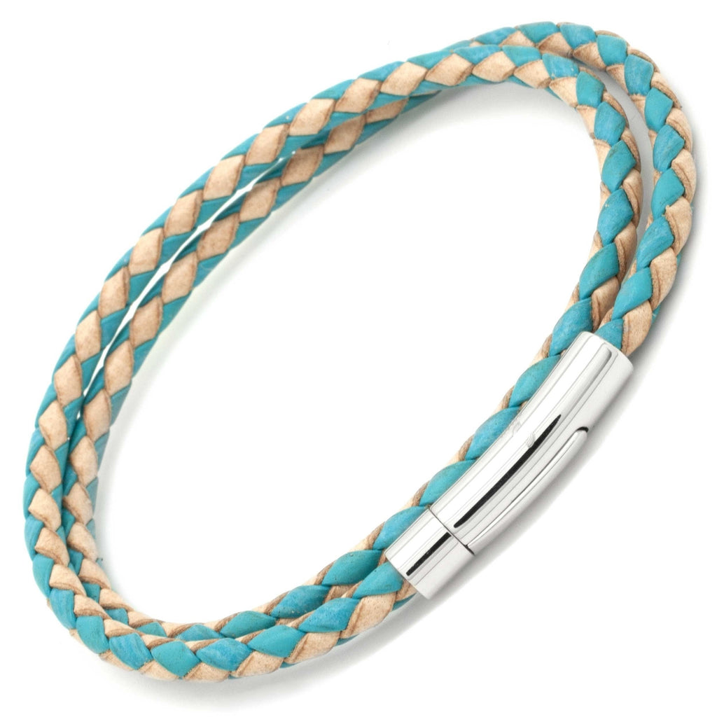 Turquoise & Tan Woven Leather Double Wrap Bracelet