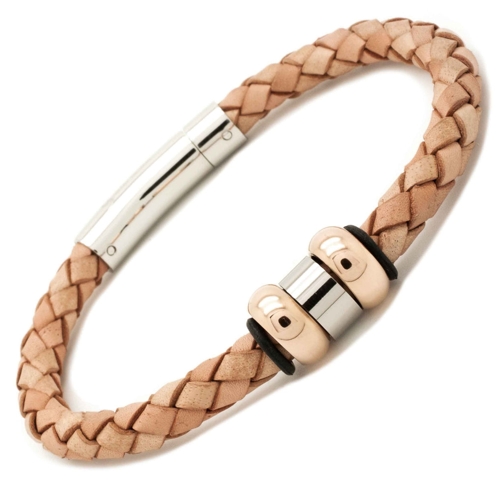 Woven Tan leather Bracelet with Rose Gold Titanium beads