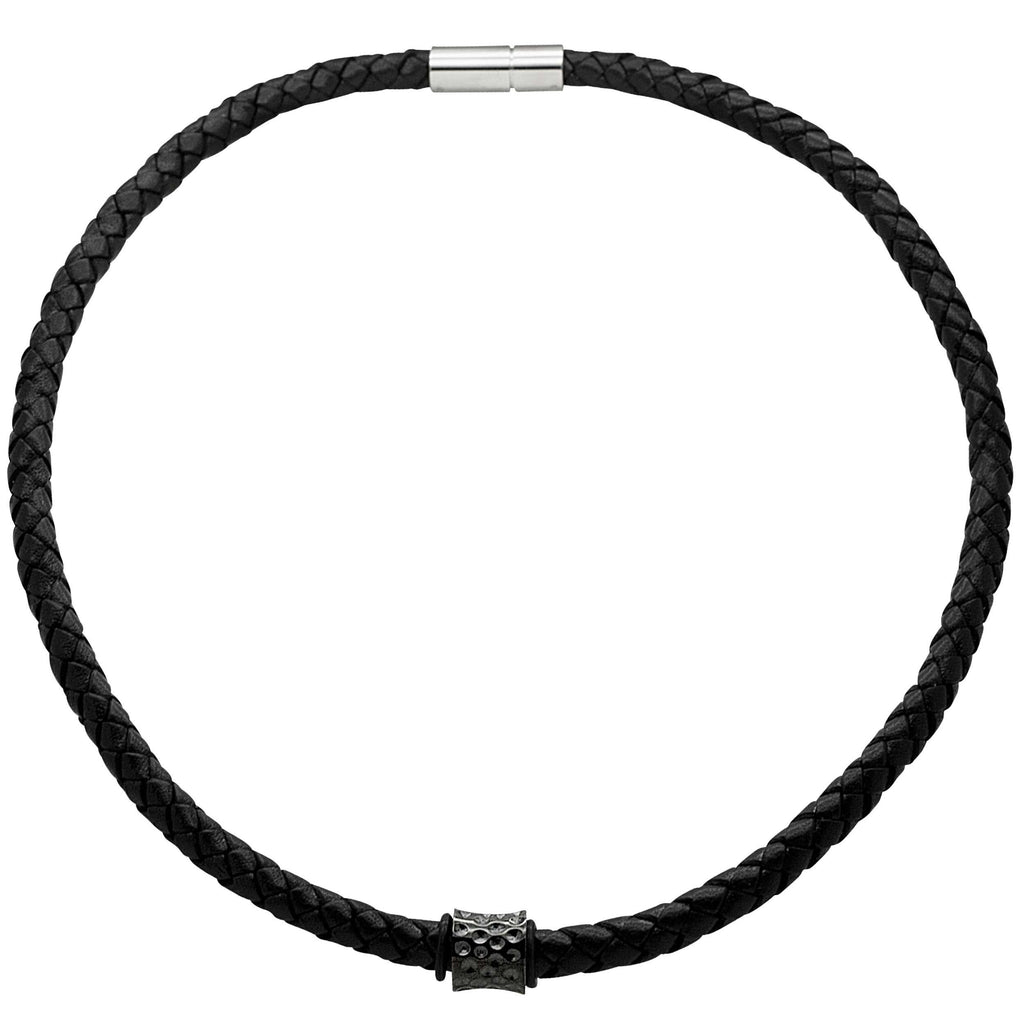 Woven Black Leather Necklace with a Black Concave Indented Titanium Bead