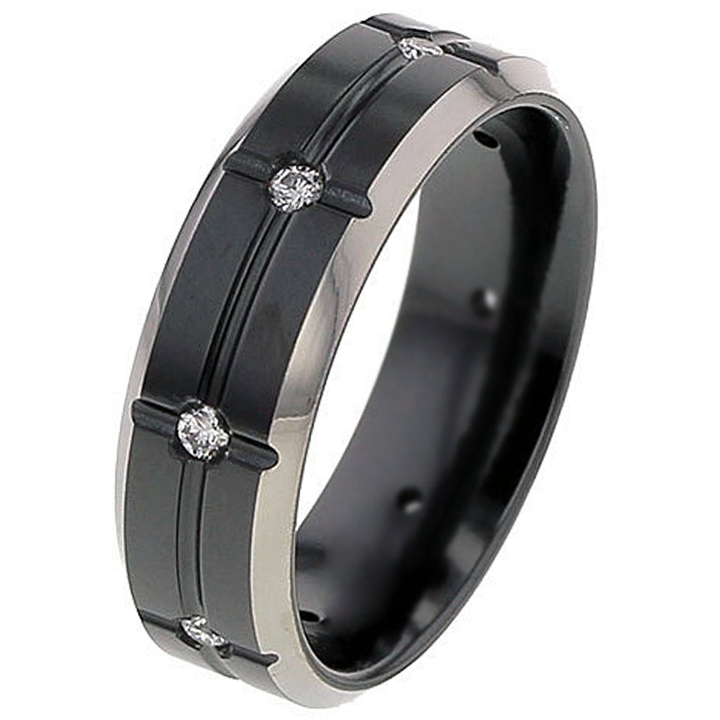 Flat Profile Diamond Set Black Zirconium Wedding Ring