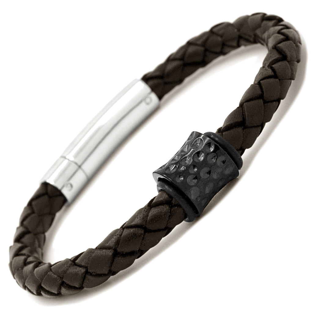 Black Titanium Bead and Brown Leather Bracelet