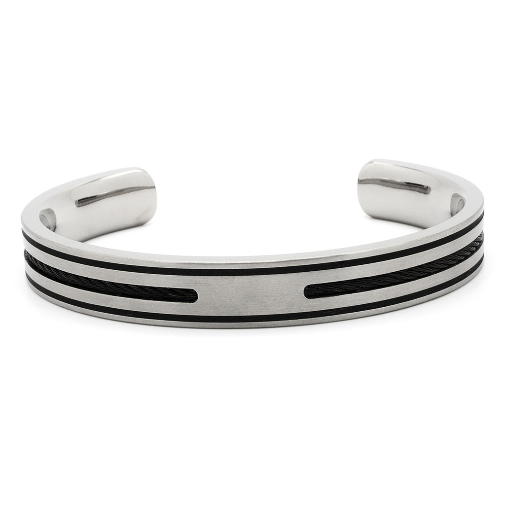 Titanium Cuff Bracelet with Black Cable Inlays