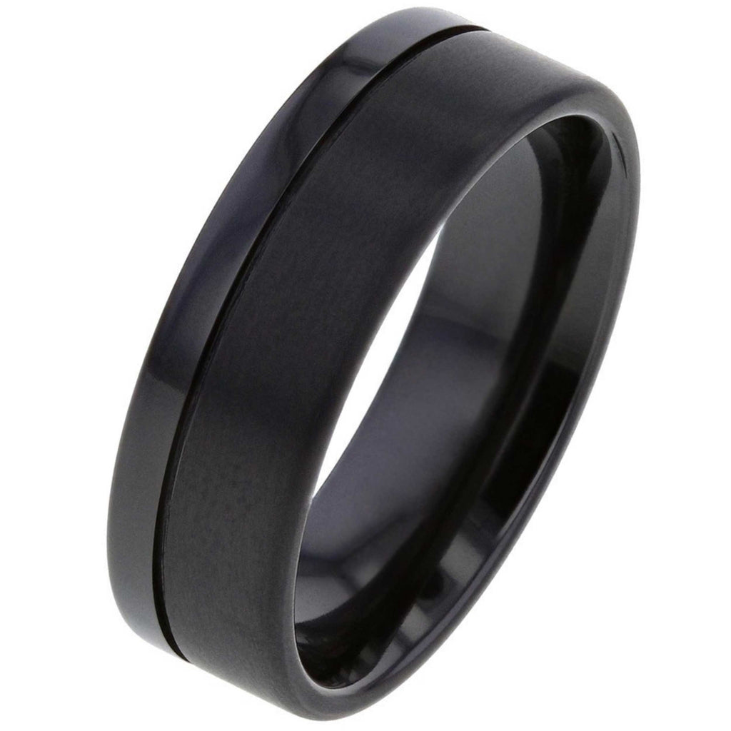 Flat Profile Black Zirconium Ring with Dual Finish