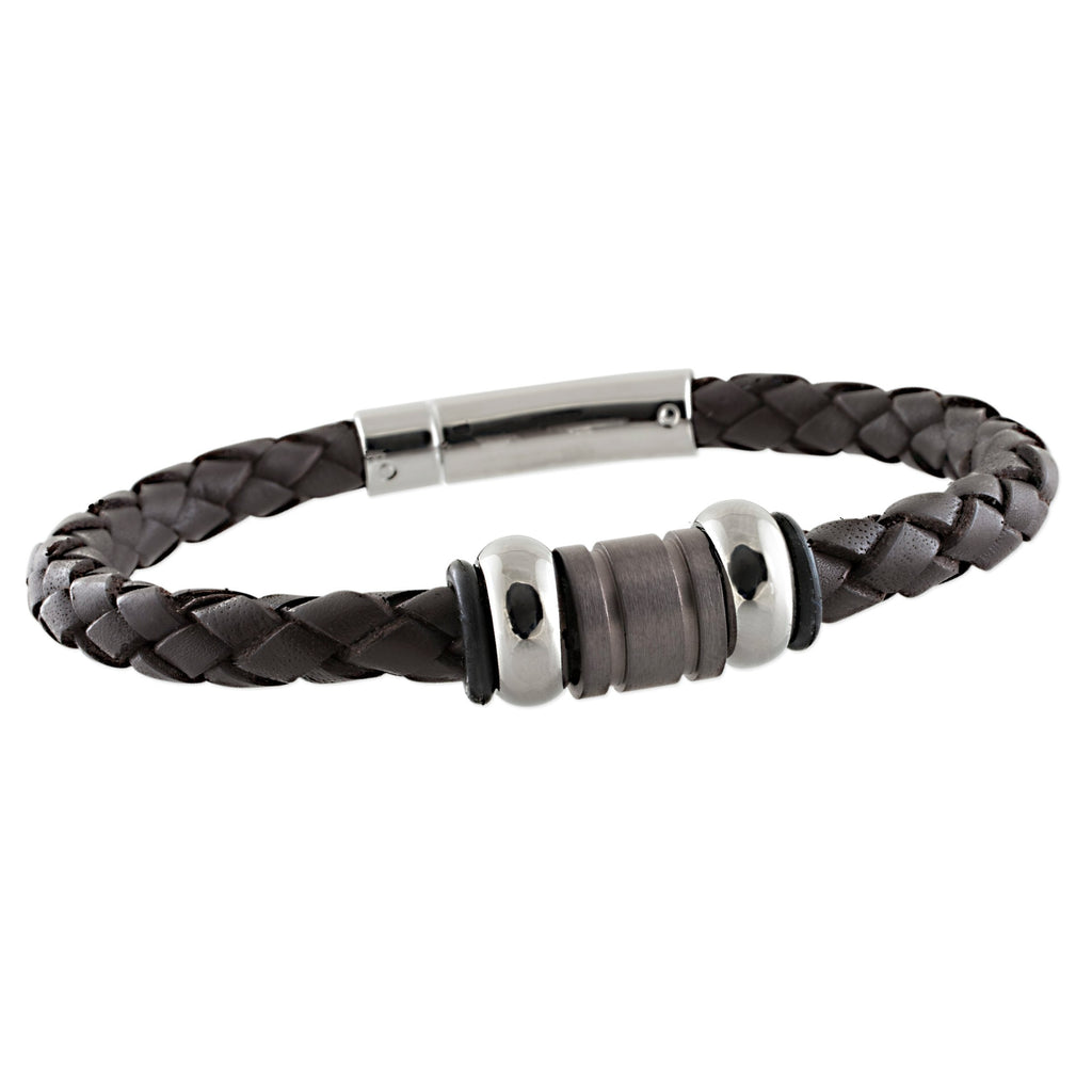 Brown Plaited Bolo Leather Bracelet with Coffee Coloured Titanium Beads