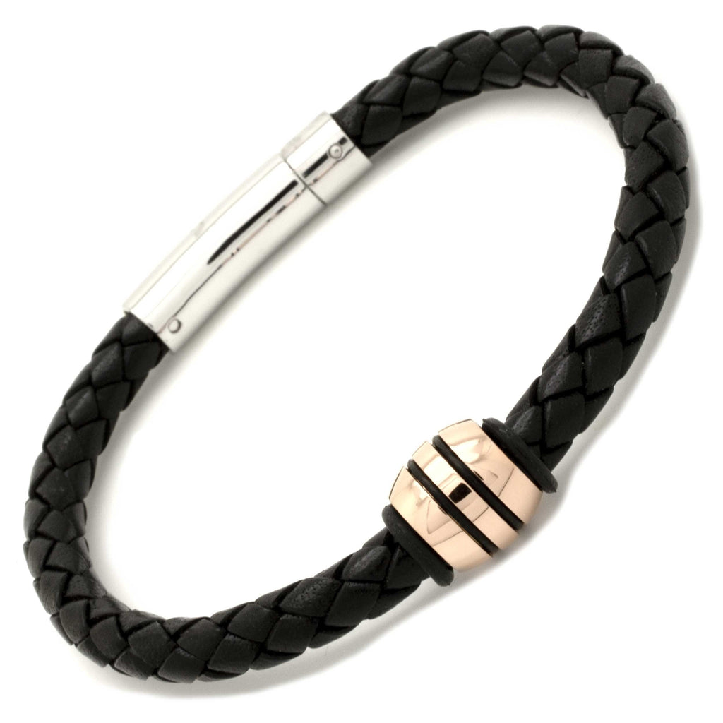 Black Woven Leather Bracelet with a High Polished Rose Hold Titanium Bead