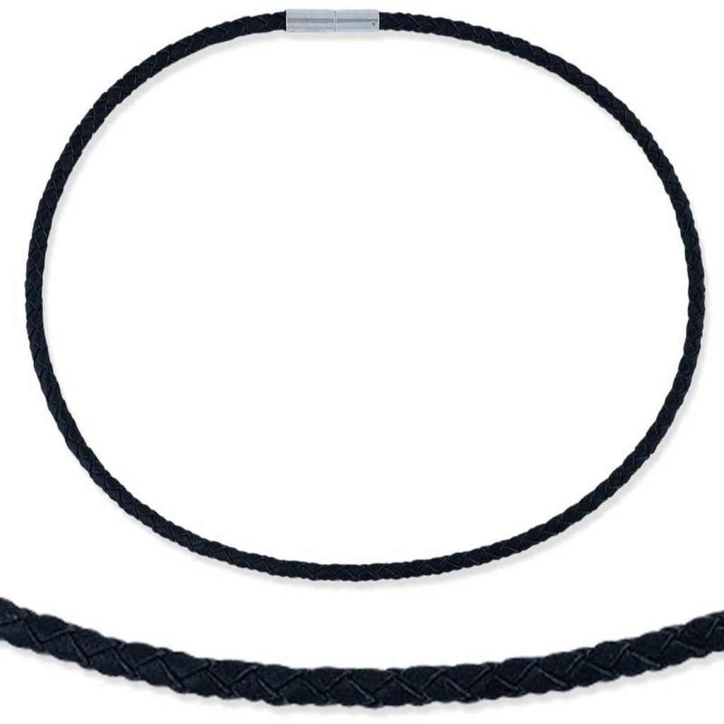 Woven 4mm Black Leather & Steel Necklace