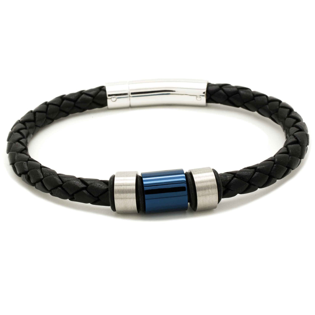 Woven Black Leather with Blue Titanium Bead