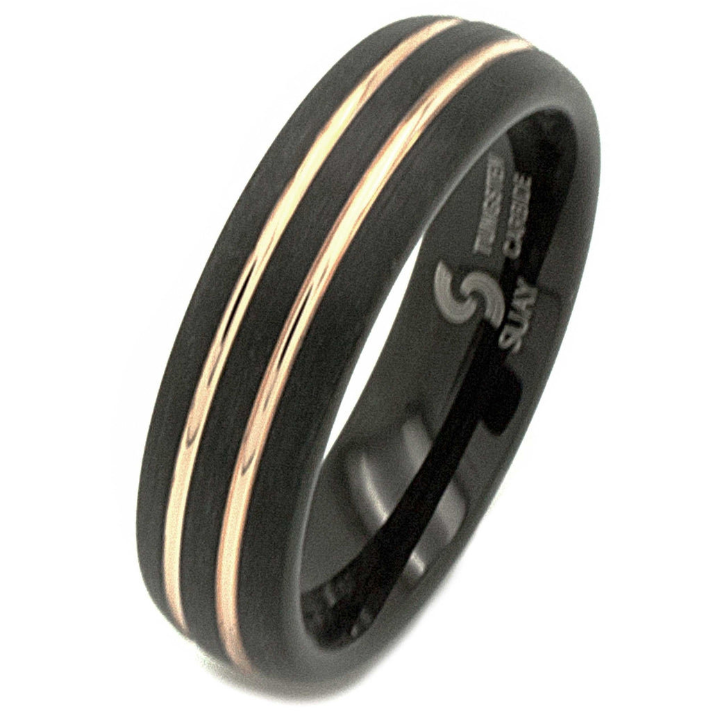 Black Tungsten Carbide Ring with Rose Gold Inlays