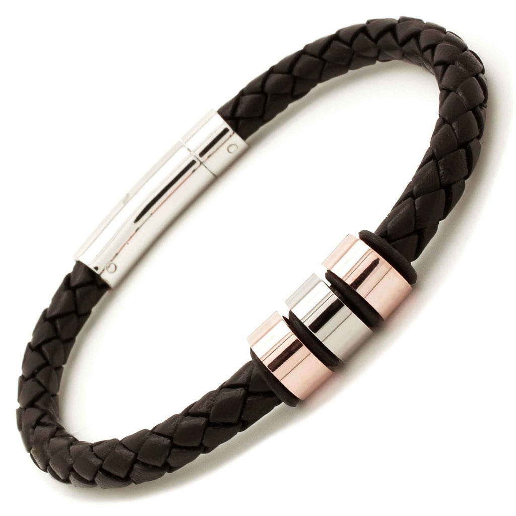 Brown Woven Leather Bracelet with Rose Gold Titanium Beads