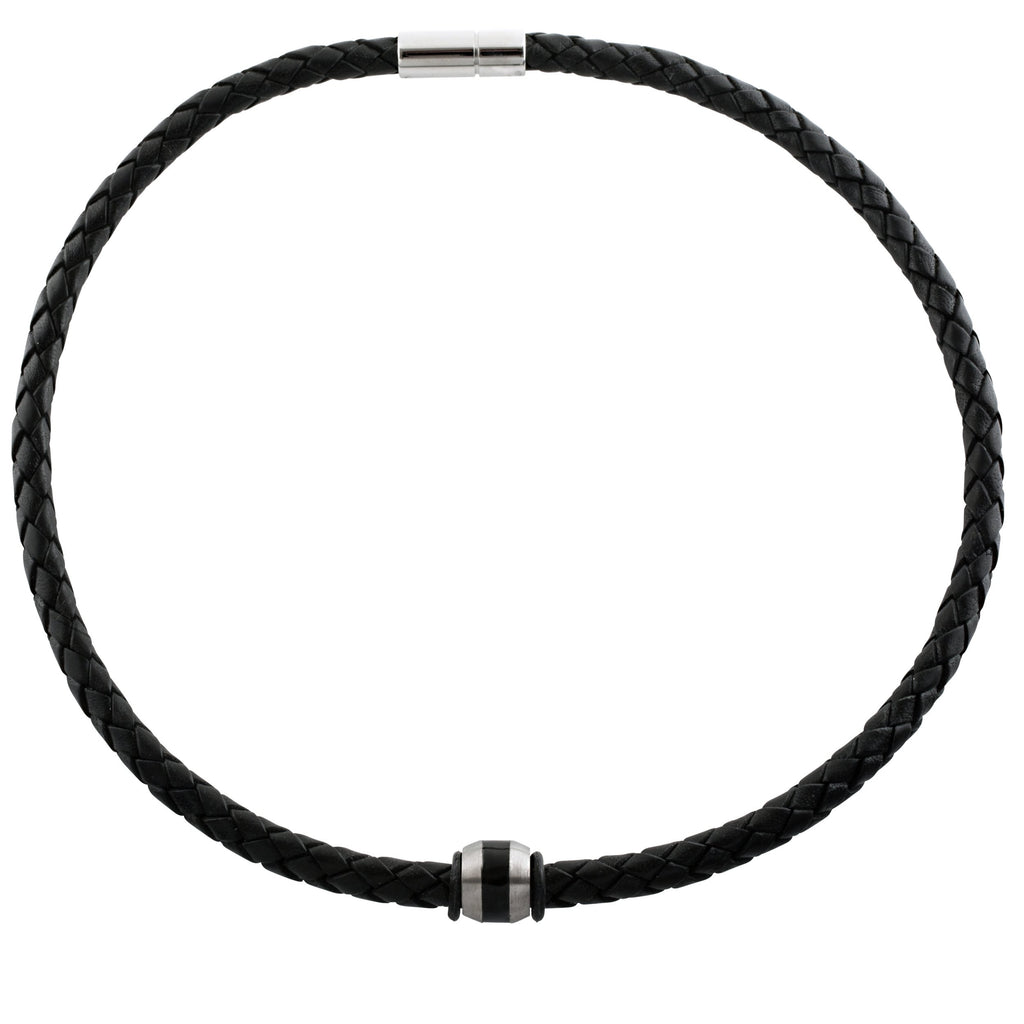 Black Leather Necklace with Inlaid Titanium Bead