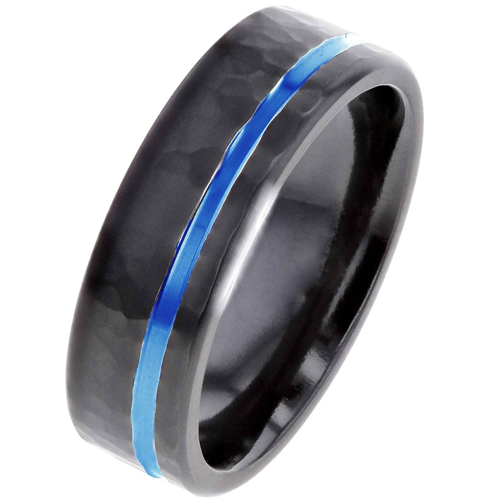 Hammered Black Zirconium Ring with Off-Centre Blue Stripe