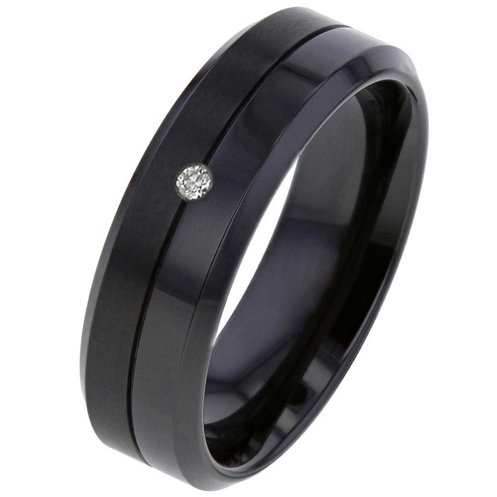 Diamond Set Flat Profile Black Zirconium Ring with 50/50 Finish