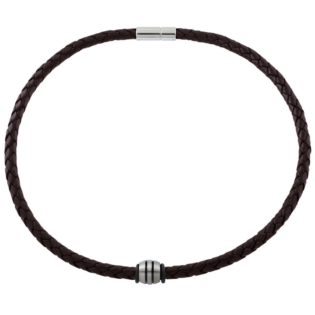Woven Brown Leather Necklace with Striped Titanium Bead