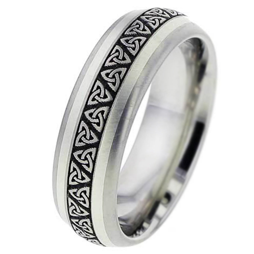 White Gold Inlaid Titanium Ring with Trinity Knot Pattern