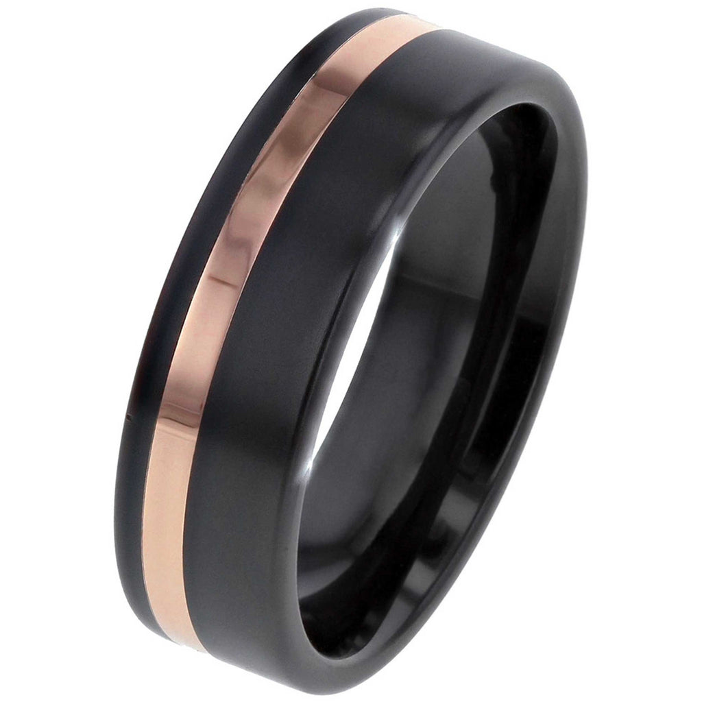 Black Zirconium Wedding Ring with Rose Gold Inlay