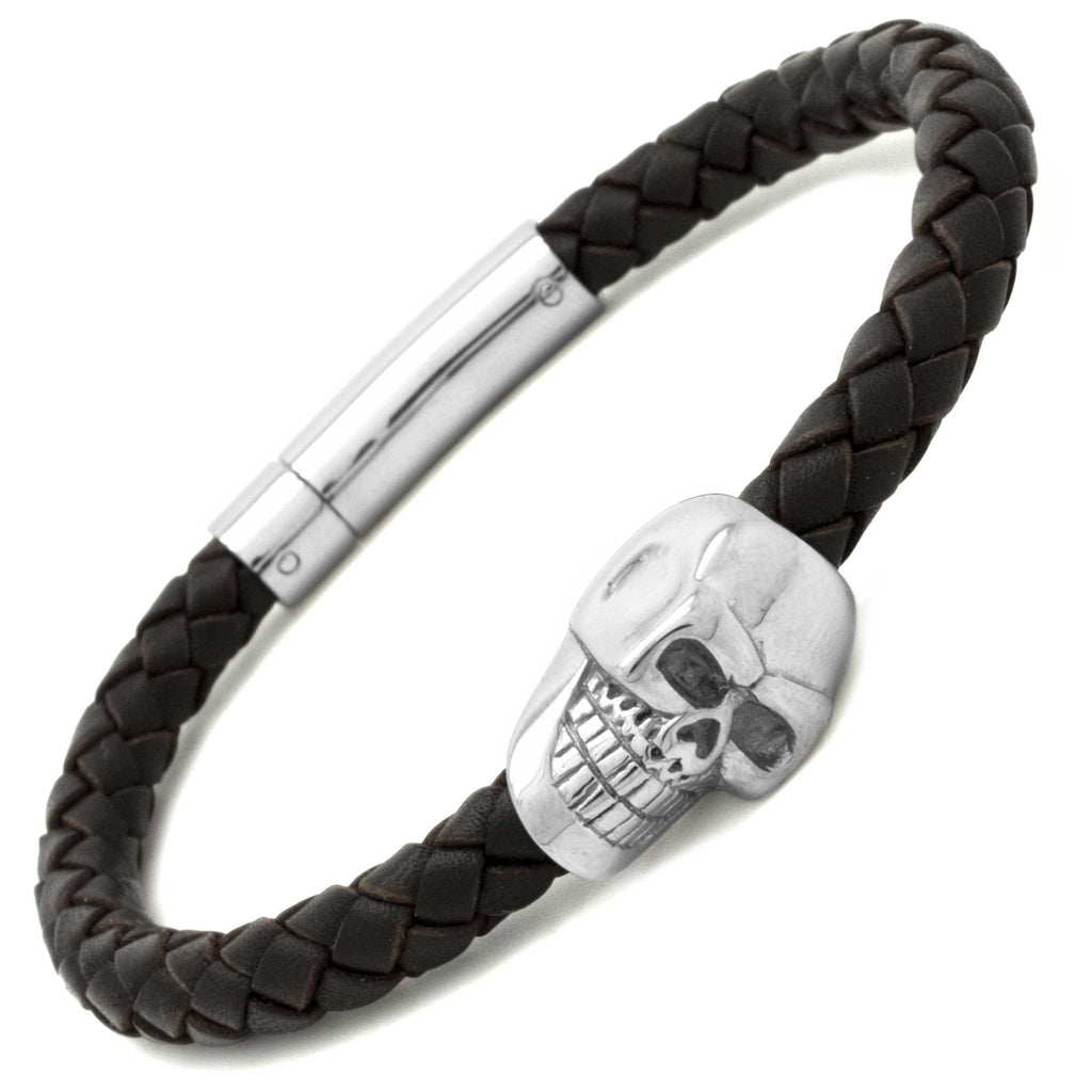 Brown Leather Steel Skull Bracelet