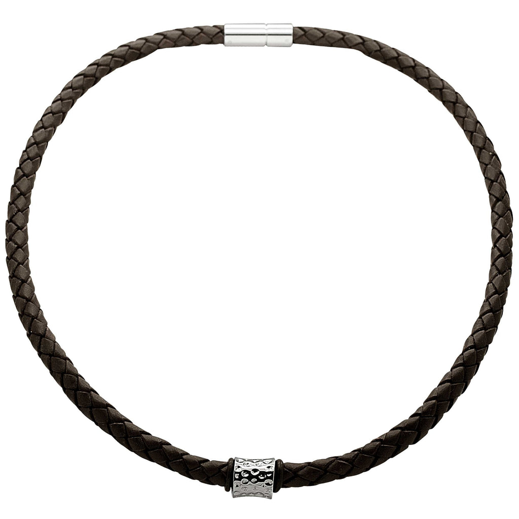 Woven Brown Leather Necklace with a Polished Indented Concave Titanium Bead