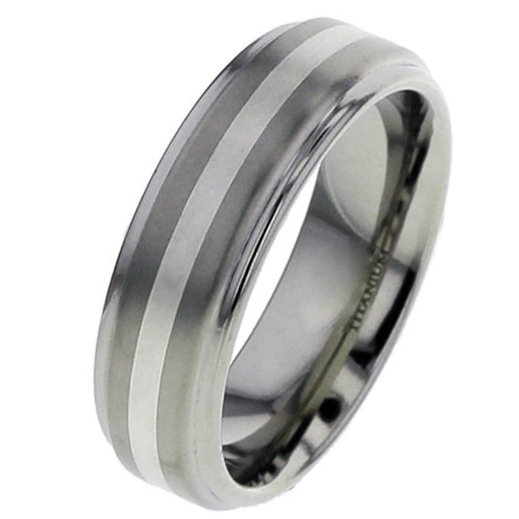Flat Titanium Wedding Ring with White Gold Inlay