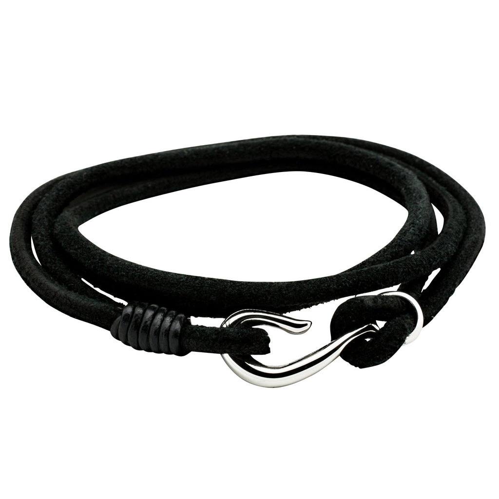 Soft Black Leather Double Wraparound Bracelet with Fish Hook Clasp