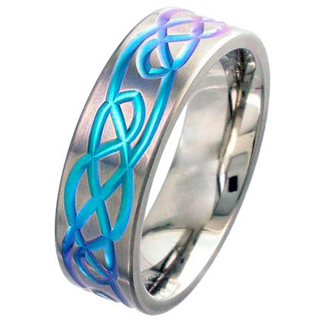 Flat Profile Zirconium Wedding Ring with Anodised Purple Celtic Design