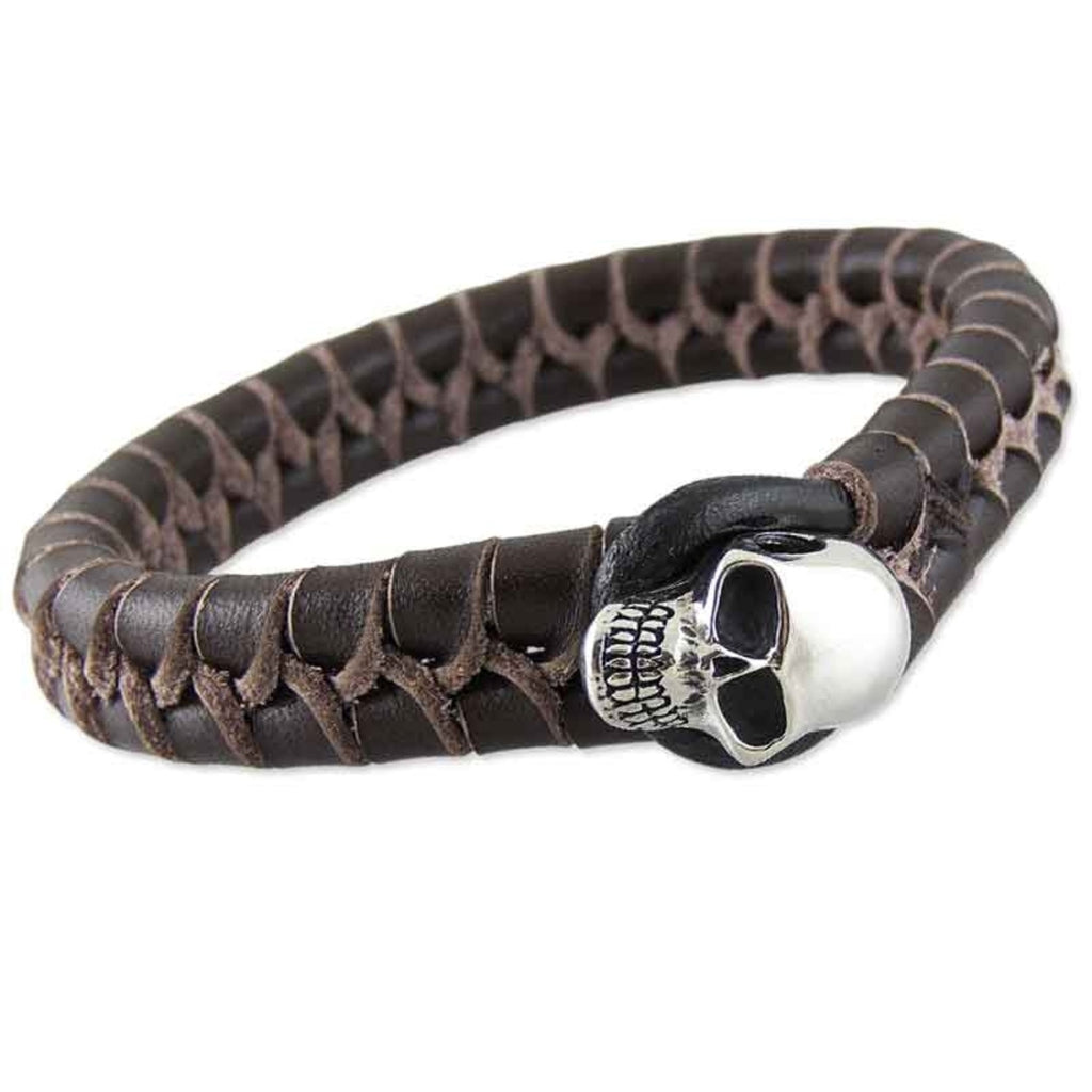 Chunky Brown Woven Leather Skull Bracelet