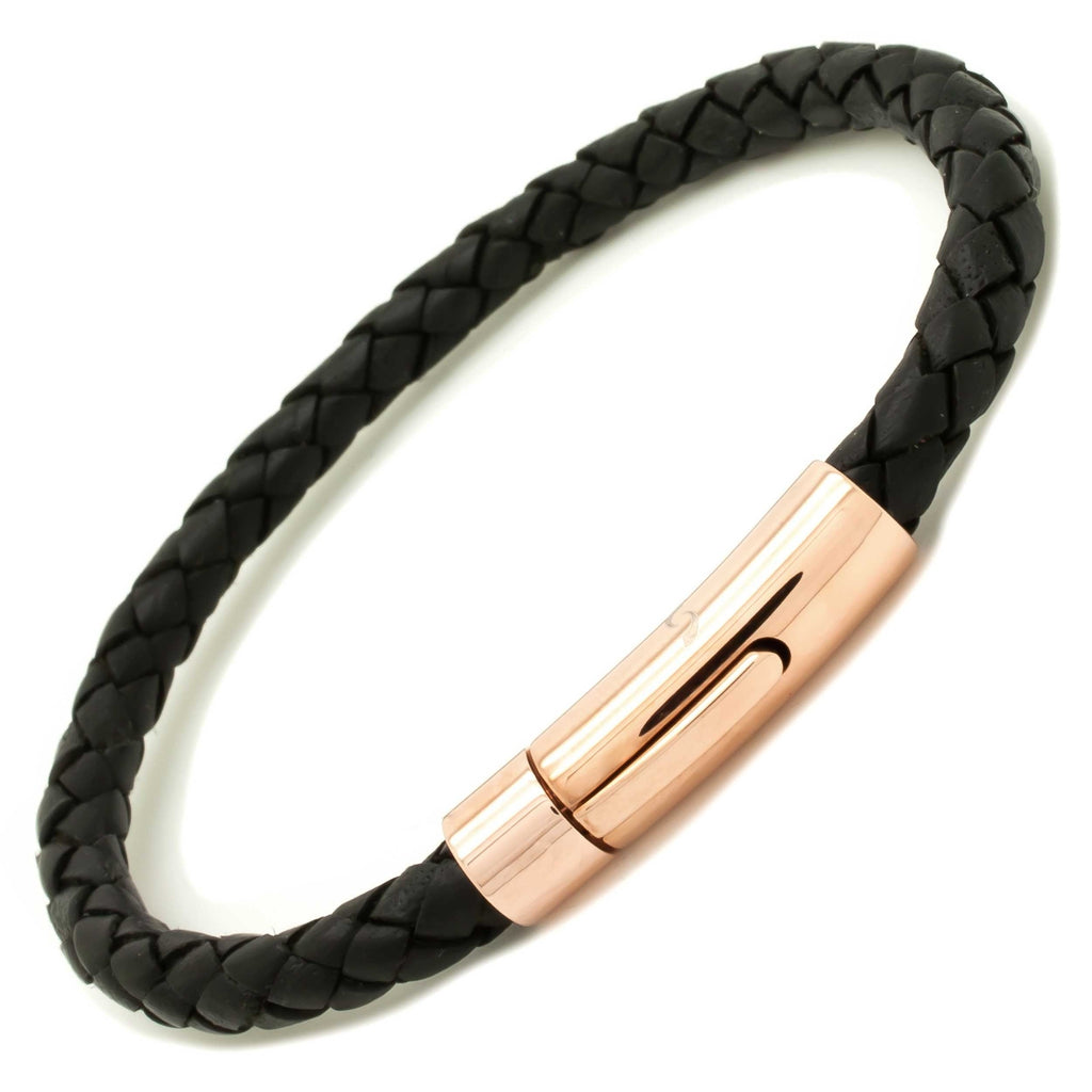 Black Woven Leather Bracelet with Rose Gold Clasp