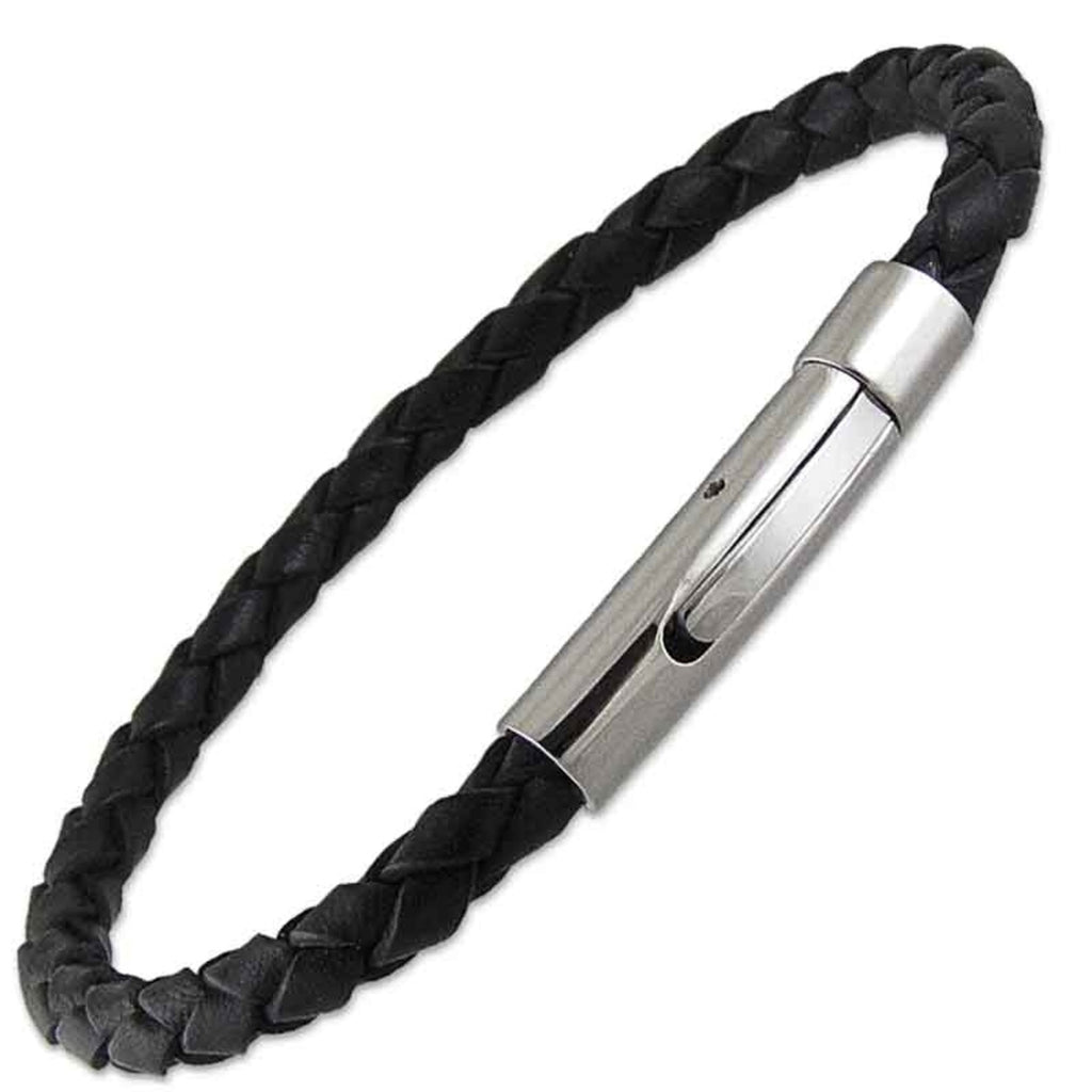 Plaited 4mm Bolo Black Leather Bracelet with Steel Clasp