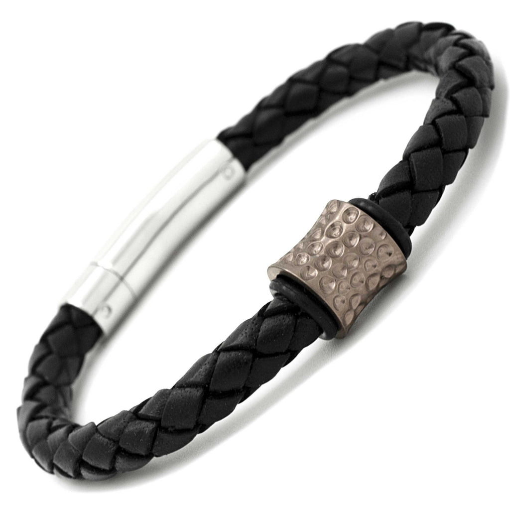 Coffee Titanium Bead & Woven Black Leather Bracelet
