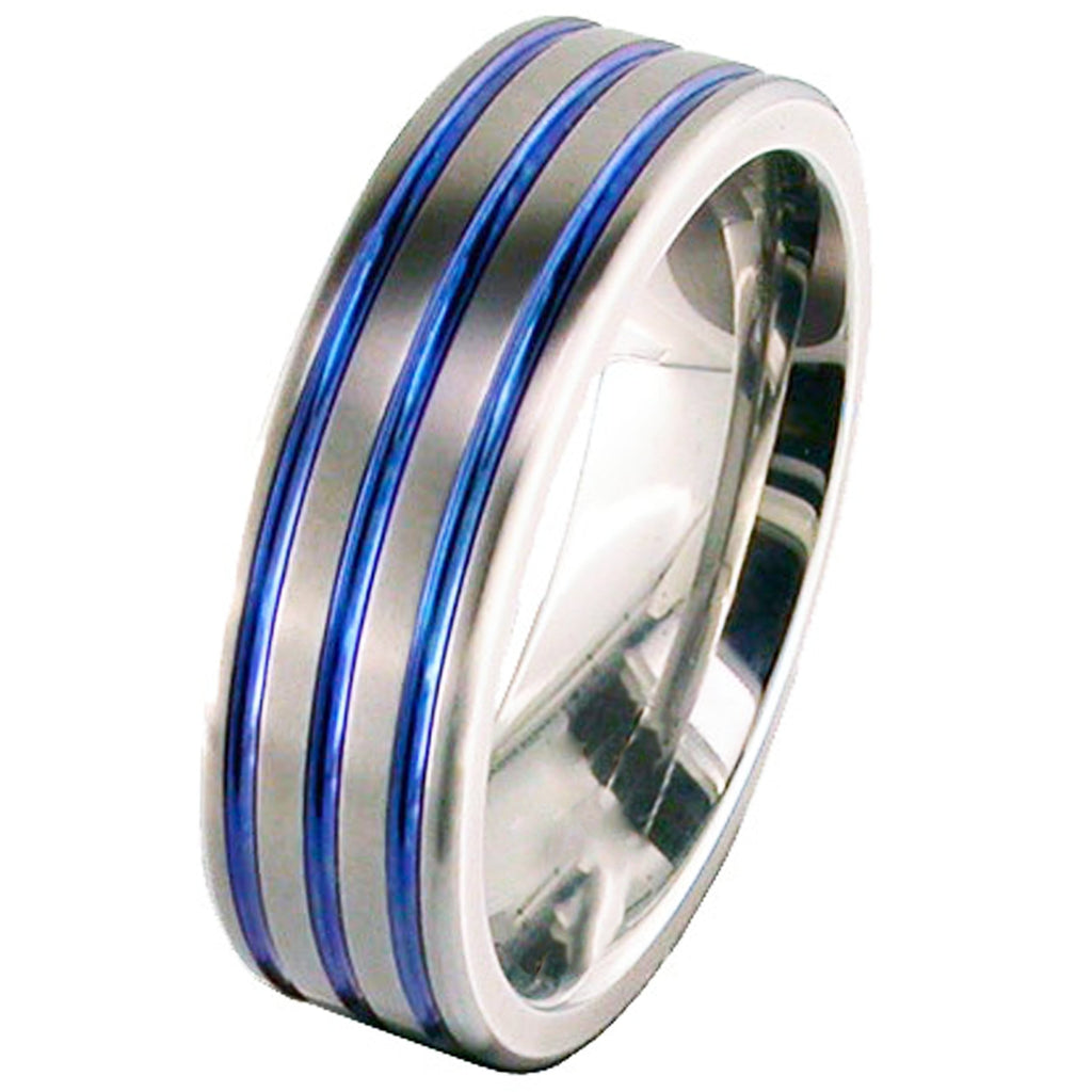 Flat Profile Zirconium Wedding Ring with Anodised Grooves