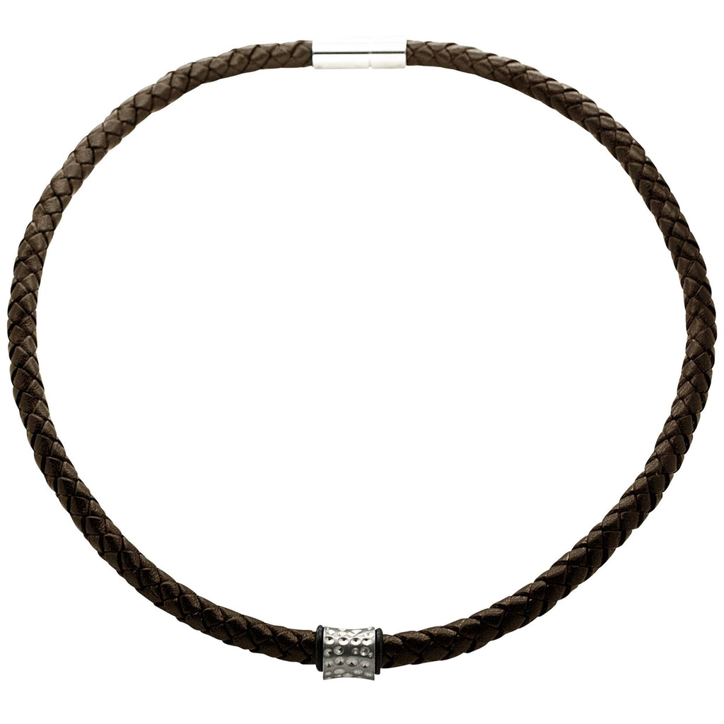 Woven Brown Leather Necklace with a Satin Concave Titanium Bead