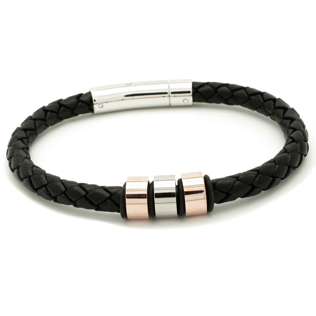 Black Woven Leather Bracelet with Rose Gold Titanium Beads