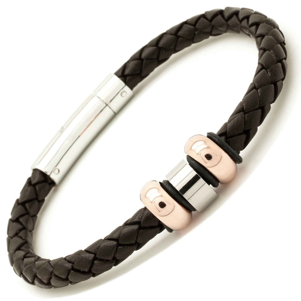 Woven Brown Leather Bracelet with Rose Gold Titanium Beads