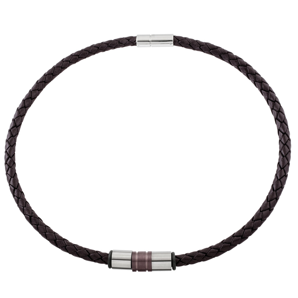Woven Brown Leather Necklace with Triple Titanium Beads