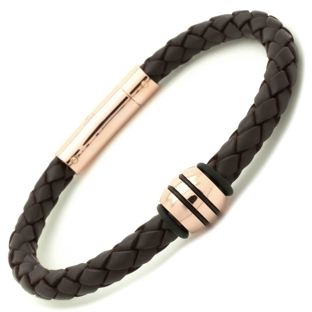 Woven Brown leather Bracelet with Rose Gold Bead and Clasp