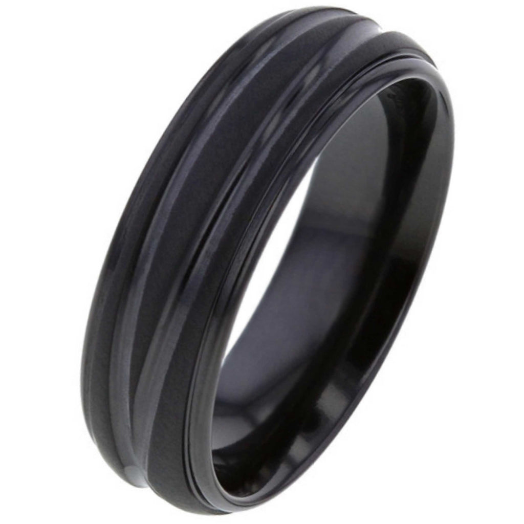 Black Zirconium Ring with Twin Asymmetrical Grooves