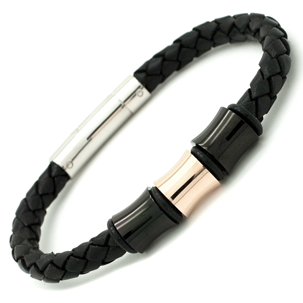 Black & Rose Gold Titanium Beads on a Woven Black Leather Bracelet