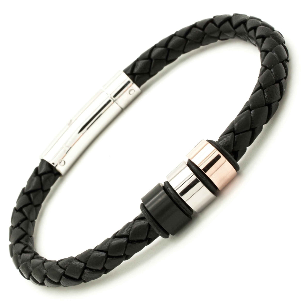 Plaited Black Leather Bracelet with Titanium Beads