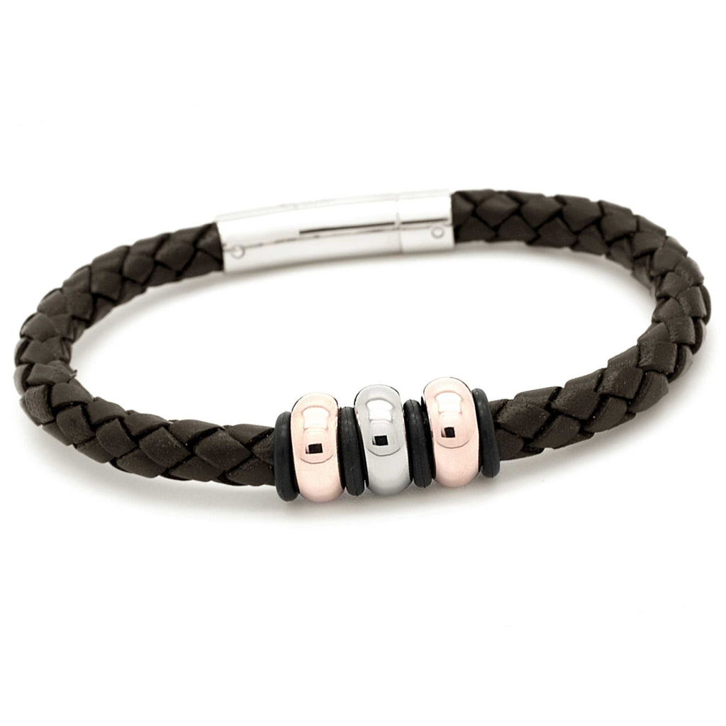 Rose Gold Titanium Bead with Brown Leather Bracelet