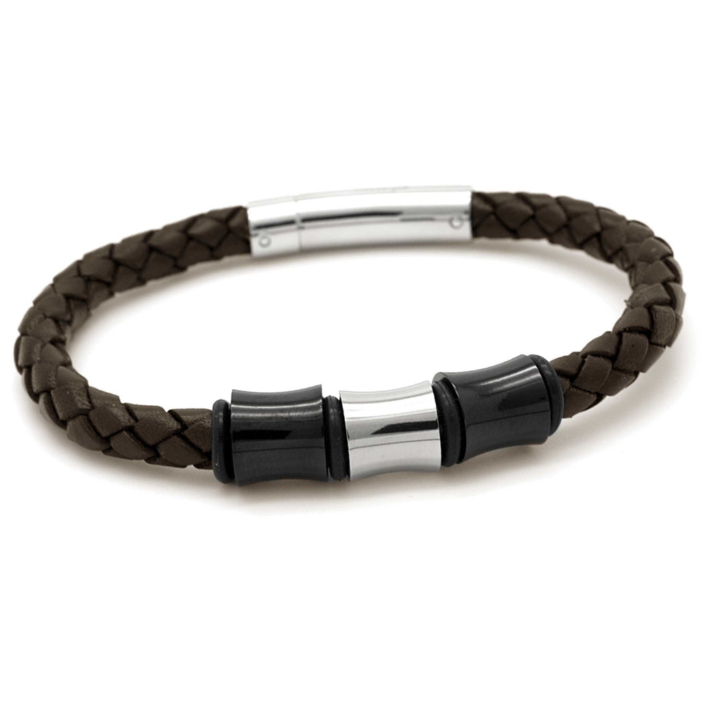 Polished Black Titanium Beads on a Brown Woven Leather Bracelet