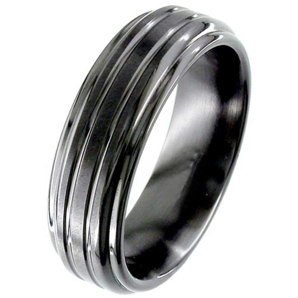 Flat Profile Black Grooved Zirconium Wedding Ring