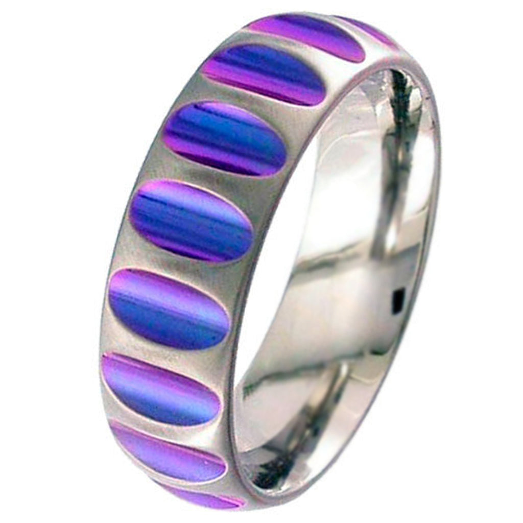 Dome Profile Zirconium Wedding Ring with Anodised Purple Cutouts