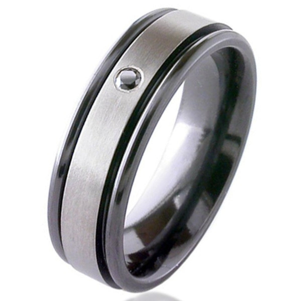 Flat Profile Diamond Zirconium Wedding Ring 