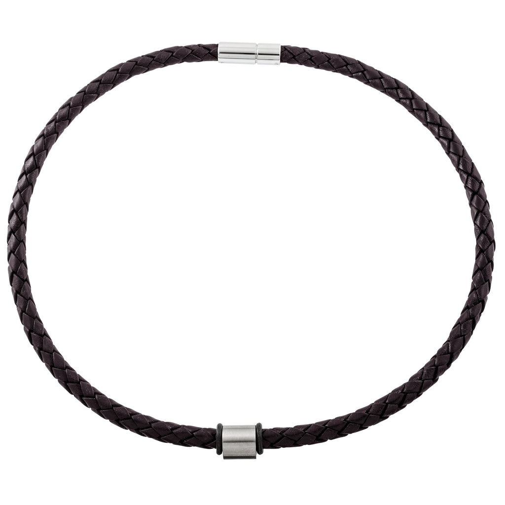 Woven Brown Leather Necklace with Satin Finish Titanium Bead