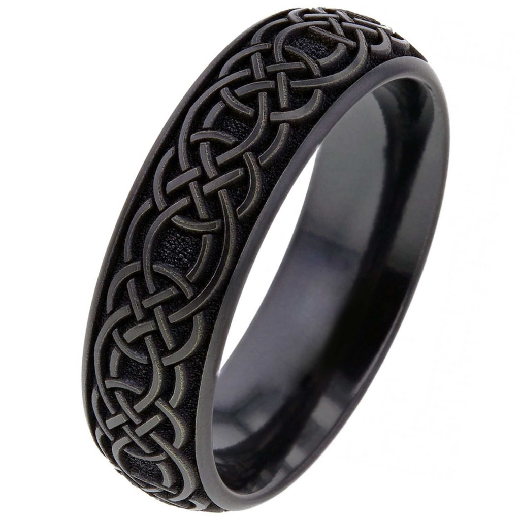 Dome Profile Black Zirconium Ring with Celtic Pattern