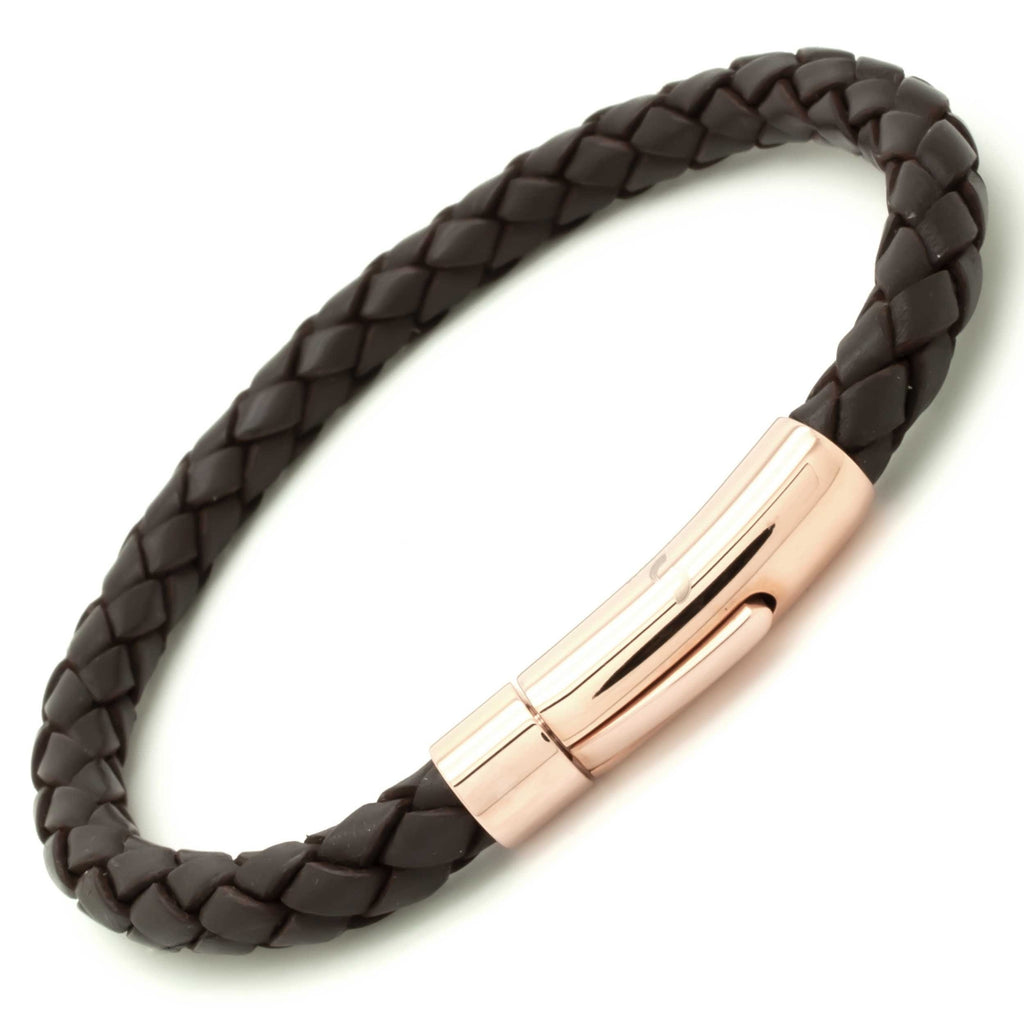 Brown Woven Leather Bracelet with Rose Gold Clasp