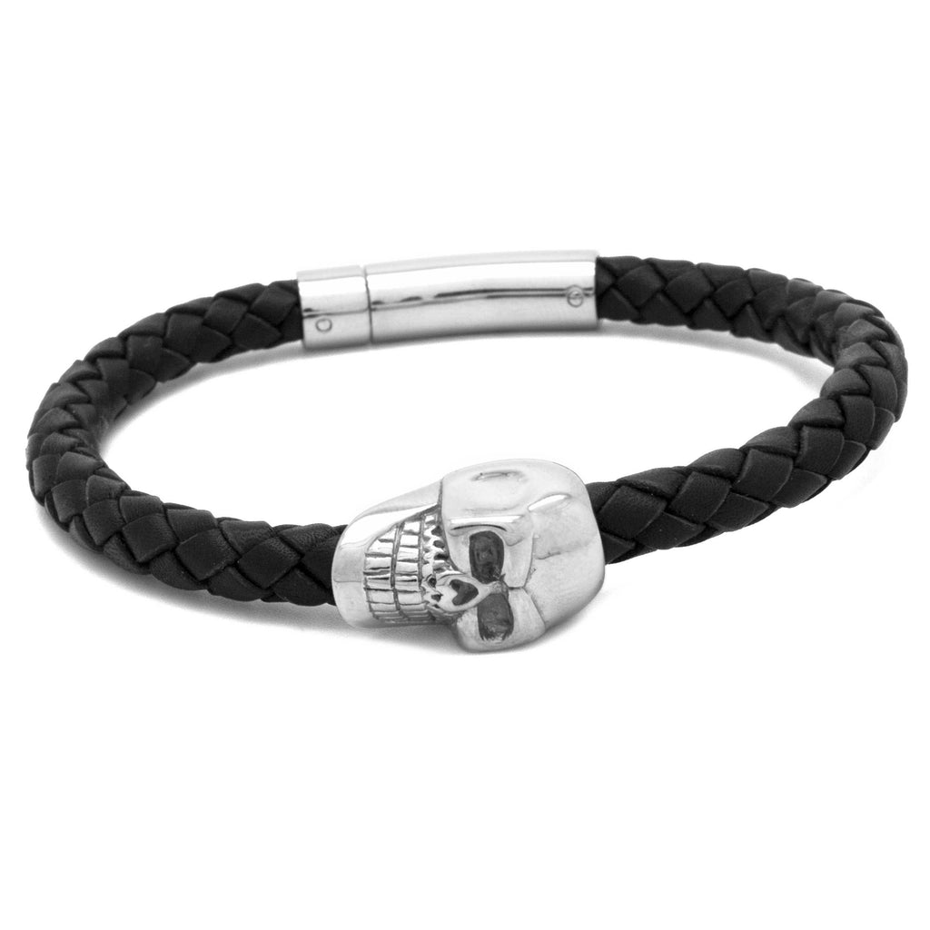 Black Woven Leather Skull Bracelet 