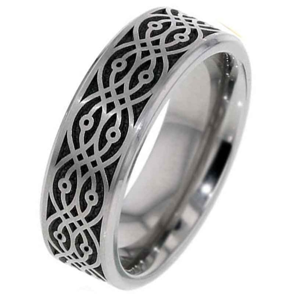 Flat Profile Titanium Wedding Ring with Baroque Design